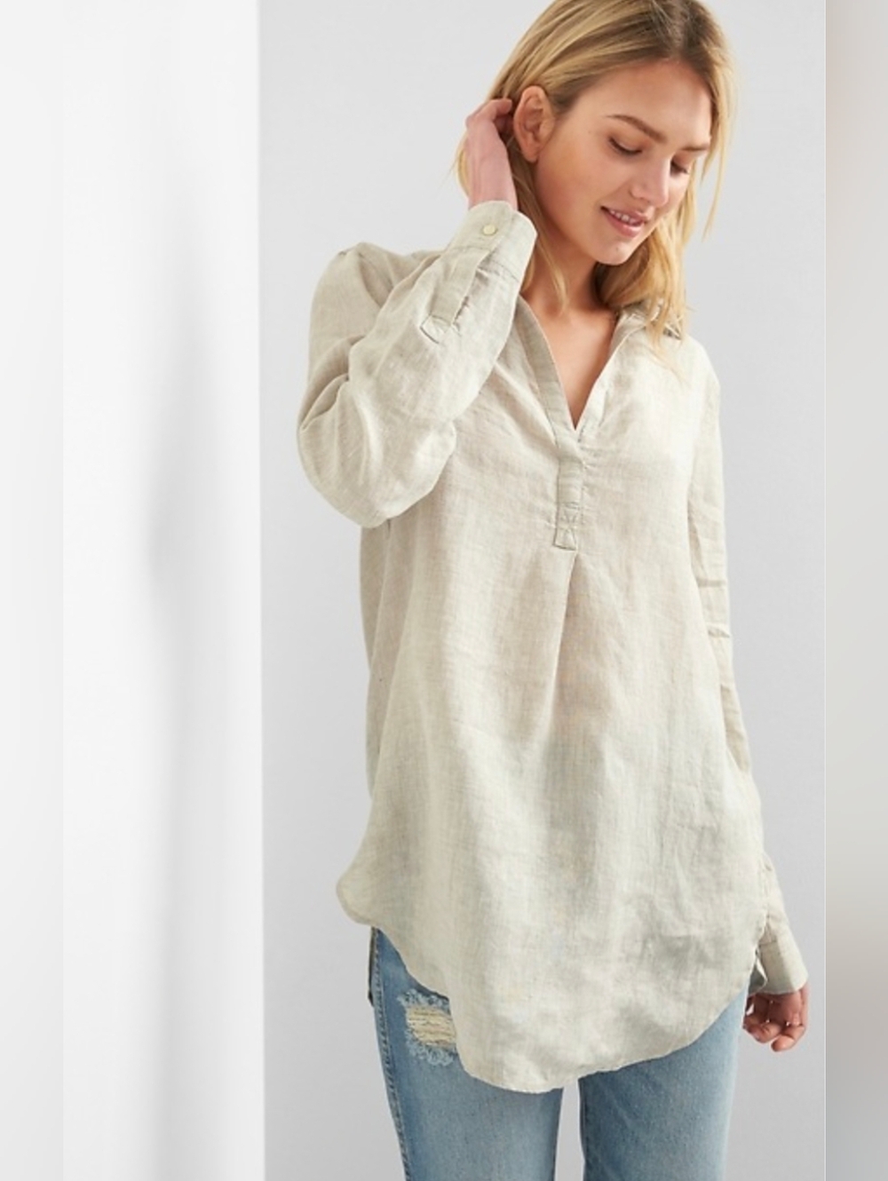 Gap 100% Linen Tunic Blouse | Beige Coastal Oversized Popover Top